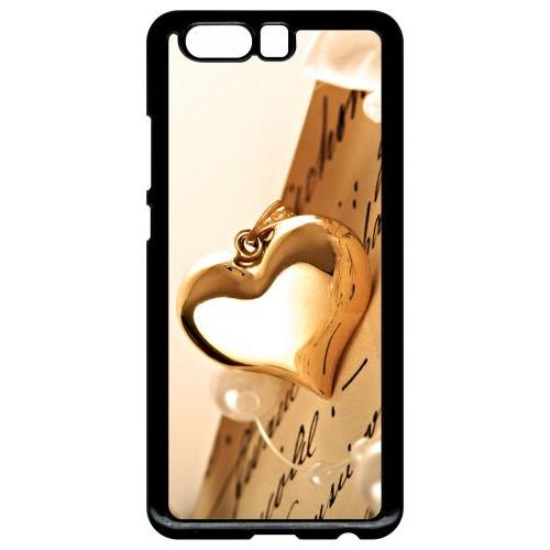 Coque Pour Smartphone - Coeur D'or Sur Livre - Compatible Avec Huawei P10 Plus - Plastique - Bord Noir