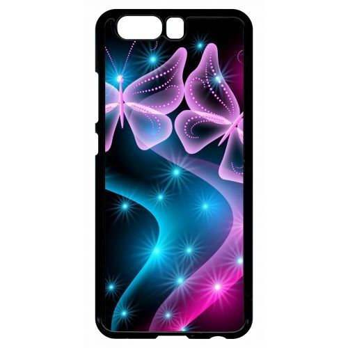 Coque Pour Smartphone - Papillons Roses - Compatible Avec Huawei P10 - Plastique - Bord Noir