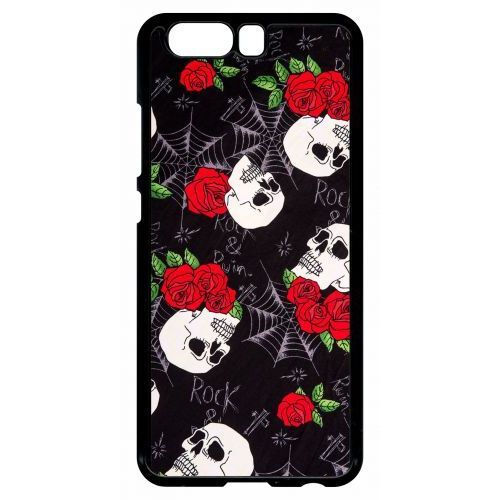 Coque Pour Smartphone - Tete De Mort Toile Rose Rock - Compatible Avec Huawei P10 - Plastique - Bord Noir