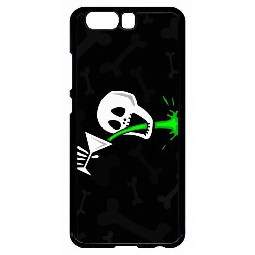 Coque Pour Smartphone - Tete De Mort Qui Boit Fond Noir - Compatible Avec Huawei P10 - Plastique - Bord Noir