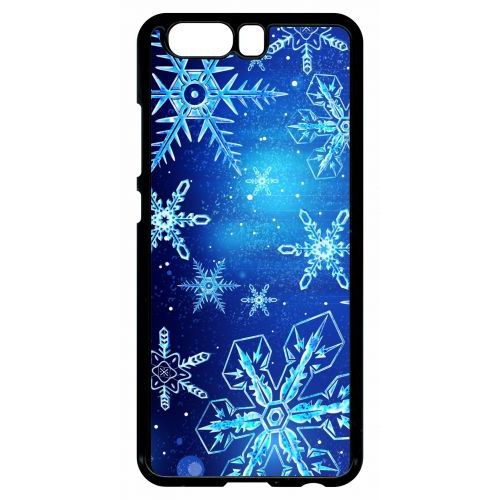 Coque Pour Smartphone - Flocon De Neige Fond Bleu Nuit - Compatible Avec Huawei P10 - Plastique - Bord Noir