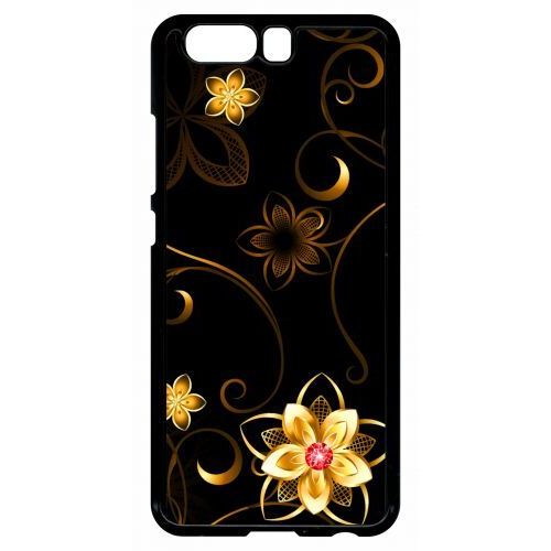 Coque Pour Smartphone - Fleur D Or Fond Noir - Compatible Avec Huawei P10 - Plastique - Bord Noir