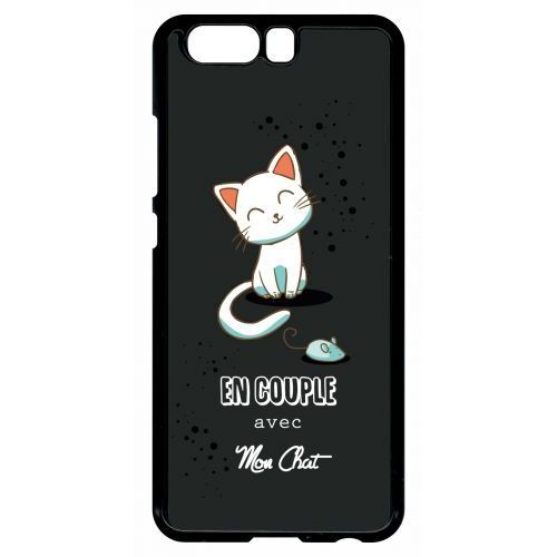 Coque Pour Smartphone - En Couple Avec Mon Chat Fond Noir 2 - Compatible Avec Huawei P10 - Plastique - Bord Noir