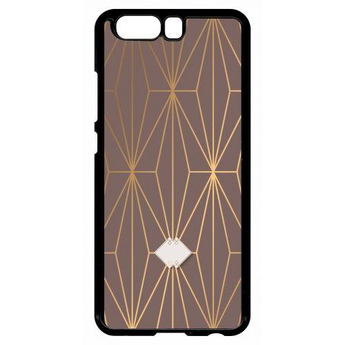 Coque Pour Smartphone - Losange Geometrique Beige Et Or - Compatible Avec Huawei P10 - Plastique - Bord Noir