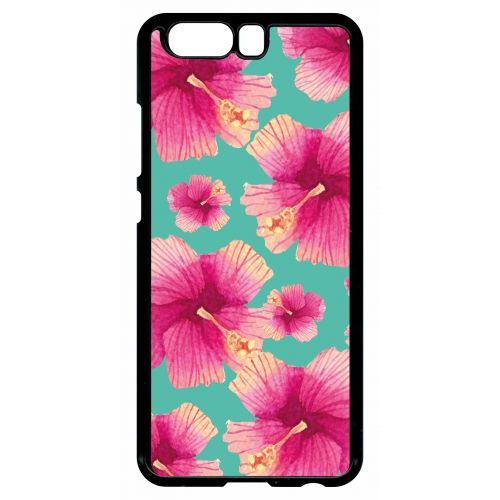 Coque Pour Smartphone - Hibiscus Fond Turquoise - Compatible Avec Huawei P10 - Plastique - Bord Noir