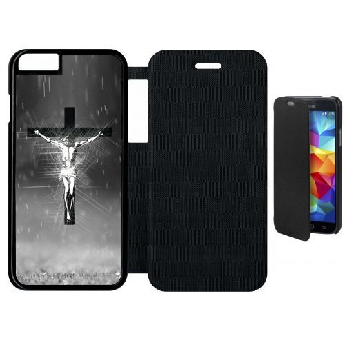 Etui A Flip Flap - Jésus Croix Noir Et Blanc - Compatible Avec Apple Iphone 6 - Plastique - Bord Noir