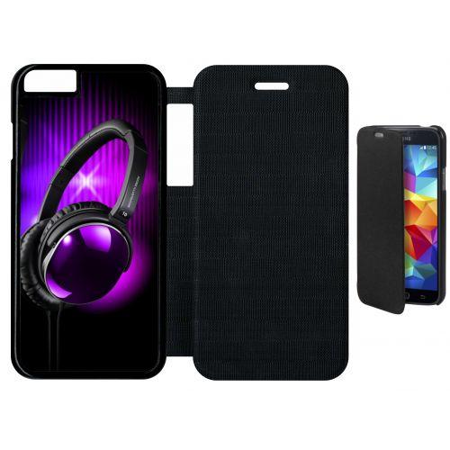 Etui A Flip Flap - Casque Audio Violet Fond Noir - Compatible Avec Apple Iphone 6 - Plastique - Bord Noir