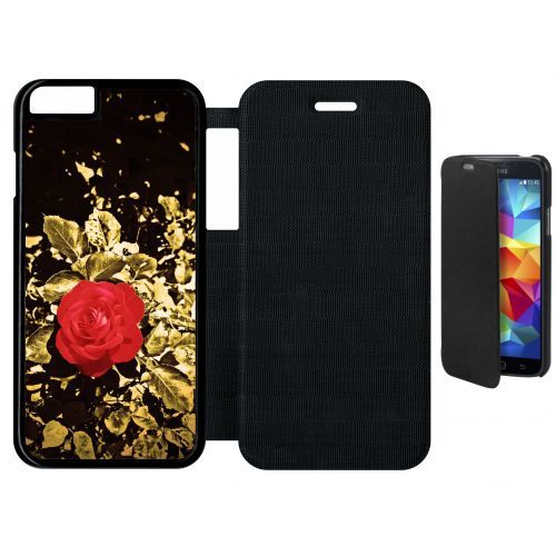 Etui A Flip Flap - Rose Et Feuille D'or - Compatible Avec Apple Iphone 6s - Plastique - Bord Noir