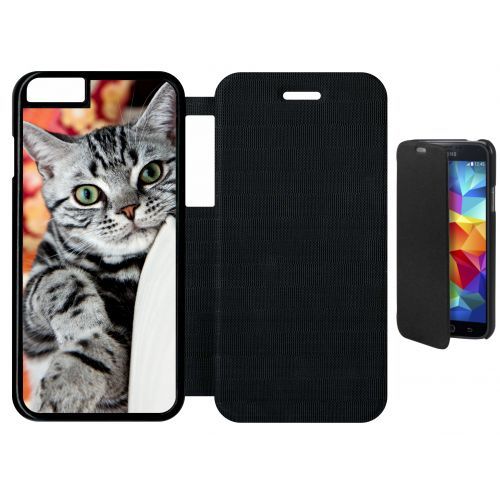 Etui A Flip Flap - Chat Tigré Gris Yeux Vert - Compatible Avec Apple Iphone 6s - Plastique - Bord Noir