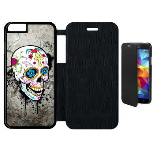Etui A Flip Flap - Skull Fleur Bleu Fond Gris - Compatible Avec Apple Iphone 6s - Plastique - Bord Noir