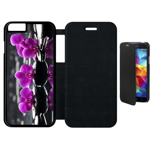 Etui A Flip Flap - Orchide Violette Fond Gris - Compatible Avec Apple Iphone 6s - Plastique - Bord Noir