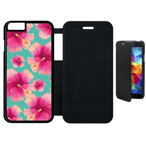 Etui A Flip Flap - Hibiscus Fond Turquoise - Compatible Avec Apple Iphone 6s - Plastique - Bord Noir