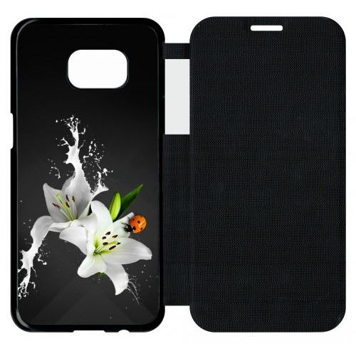 Etui A Flip Flap - Lys Blanc Coccinelle Sur Fond Gris - Compatible Avec Samsung Galaxy S7 Edge - Plastique - Bord Noir
