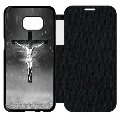 Etui A Flip Flap - Jésus Croix Noir Et Blanc - Compatible Avec Samsung Galaxy S7 Edge - Plastique - Bord Noir