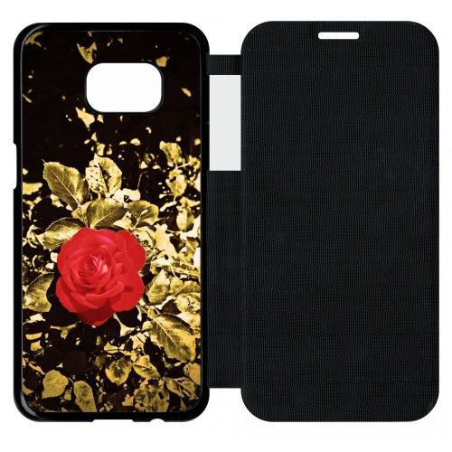 Etui A Flip Flap - Rose Et Feuille D'or - Compatible Avec Samsung Galaxy S7 Edge - Plastique - Bord Noir