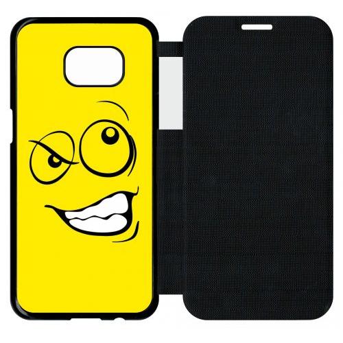 Etui A Flip Flap - Smiley Énervé Jaune - Compatible Avec Samsung Galaxy S7 Edge - Plastique - Bord Noir