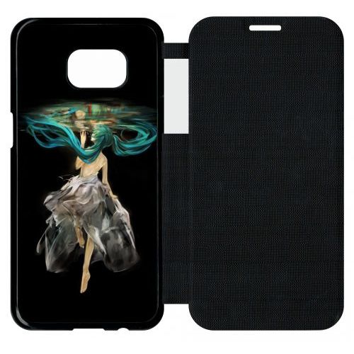 Etui A Flip Flap - Manga Fille Cheveux Bleu - Compatible Avec Samsung Galaxy S7 Edge - Plastique - Bord Noir