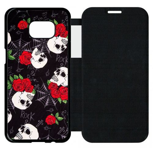 Etui A Flip Flap - Tete De Mort Toile Rose Rock - Compatible Avec Samsung Galaxy S7 Edge - Plastique - Bord Noir