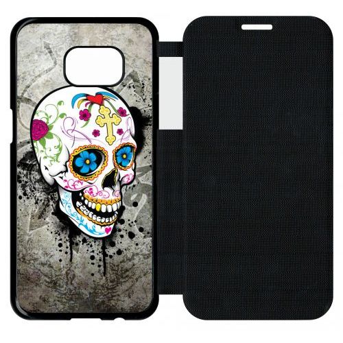 Etui A Flip Flap - Skull Fleur Bleu Fond Gris - Compatible Avec Samsung Galaxy S7 Edge - Plastique - Bord Noir