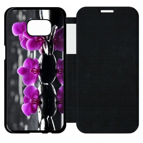 Etui A Flip Flap - Orchide Violette Fond Gris - Compatible Avec Samsung Galaxy S7 Edge - Plastique - Bord Noir