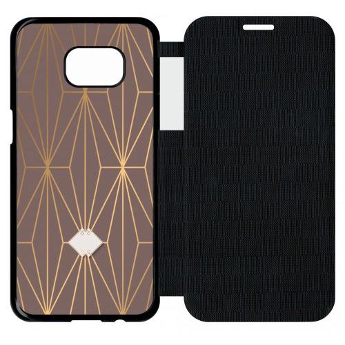 Etui A Flip Flap - Losange Geometrique Beige Et Or - Compatible Avec Samsung Galaxy S7 Edge - Plastique - Bord Noir