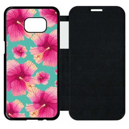 Etui A Flip Flap - Hibiscus Fond Turquoise - Compatible Avec Samsung Galaxy S7 Edge - Plastique - Bord Noir