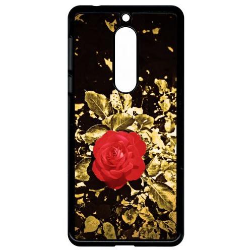 Coque Pour Smartphone - Rose Et Feuille D'or - Compatible Avec Nokia 5 - Plastique - Bord Noir