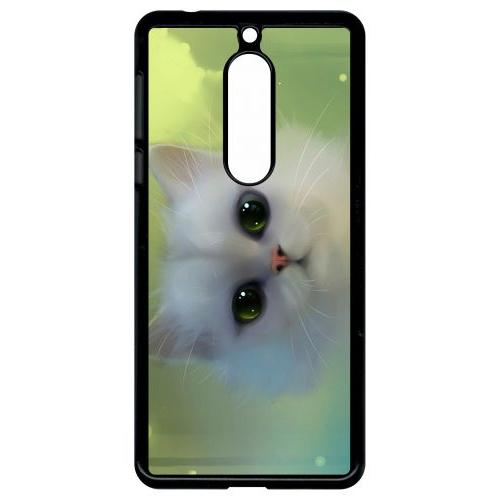 Coque Pour Smartphone - Chat Blanc Yeux Emeraude - Compatible Avec Nokia 5 - Plastique - Bord Noir