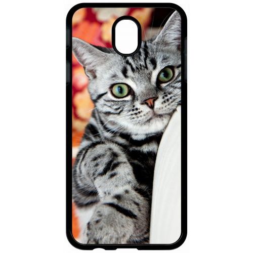 Coque Pour Tablette - Chat Tigré Gris Yeux Vert - Compatible Avec Samsung Galaxy J7 (2017) - Plastique - Bord Noir