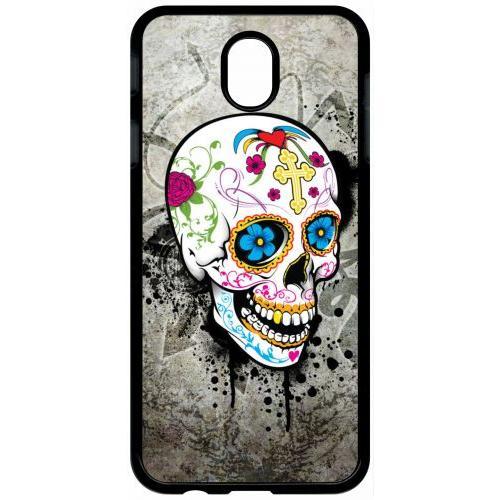 Coque Pour Tablette - Skull Fleur Bleu Fond Gris - Compatible Avec Samsung Galaxy J7 (2017) - Plastique - Bord Noir