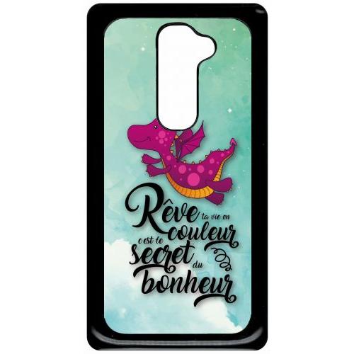 Coque Pour Smartphone - Dragon Mauve Fond Bleu Criture Noire 01 - Compatible Avec Lg G2 - Plastique - Bord Noir