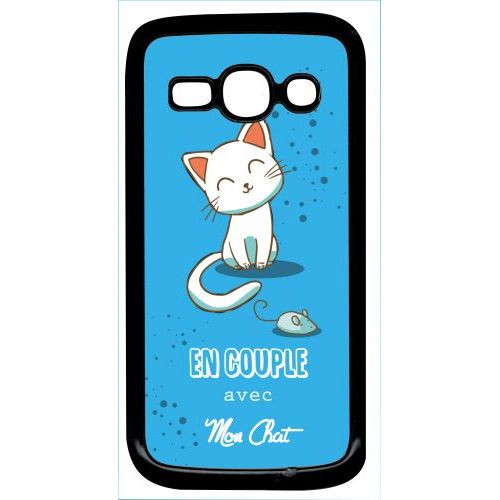 Coque Pour Smartphone - En Couple Avec Mon Chat Fond Bleu - Compatible Avec Samsung Galaxy Ace 3 - Plastique - Bord Noir