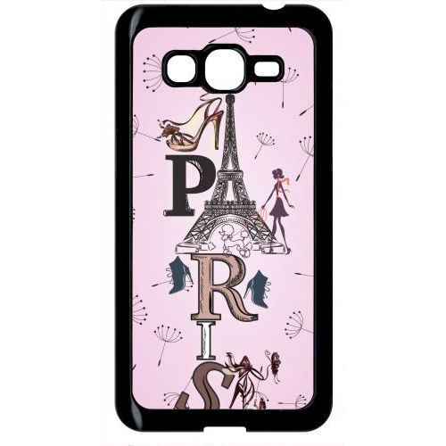 Coque Pour Smartphone - Paris Fond Rose Pale - Compatible Avec Samsung Galaxy Grand Prime - Plastique - Bord Noir