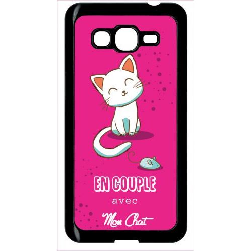 Coque Pour Smartphone - En Couple Avec Mon Chat Fond Rose - Compatible Avec Samsung Galaxy Grand Prime - Plastique - Bord Noir