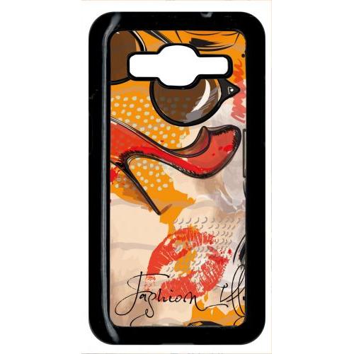 Coque Pour Smartphone - Motif Girly Fond Orange - Compatible Avec Samsung Galaxy Core Prime - Plastique - Bord Noir