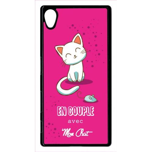 Coque Xperia Z5 - En Couple Avec Mon Chat Fond Rose - Noir