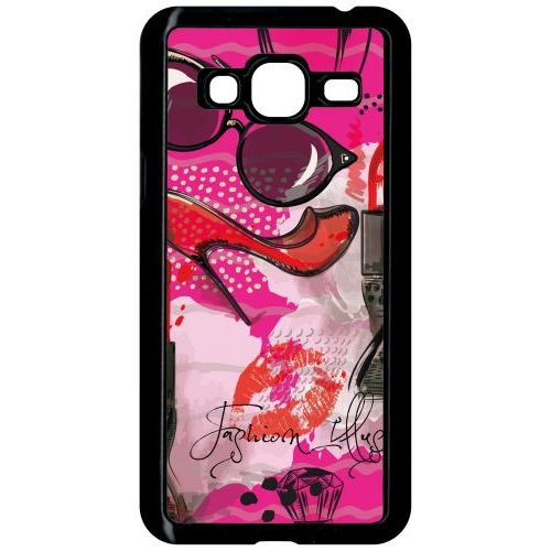 Coque Pour Smartphone - Motif Girly Fond Rose - Compatible Avec Samsung Galaxy J3 - Plastique - Bord Noir