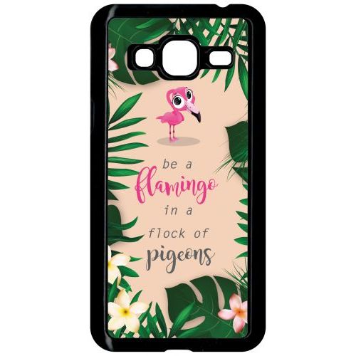 Coque Pour Smartphone - Etre Un Flamant Rose Dans Un Troupeau De Pigeons Fond Rose - Compatible Avec Samsung Galaxy J3 - Plastique - Bord Noir