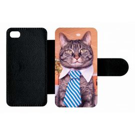Etui A Rabat - Chat Cravate - Compatible Avec Apple Iphone 4s - Plastique - Bord Noir
