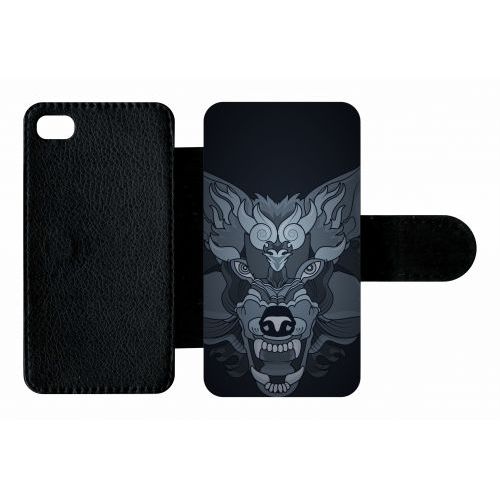 Etui A Rabat - Loup Fond Gris - Compatible Avec Apple Iphone 4s - Plastique - Bord Noir