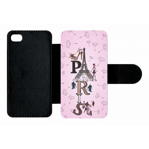 Etui A Rabat - Paris Fond Rose Pale - Compatible Avec Apple Iphone 4s - Plastique - Bord Noir