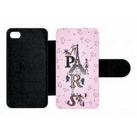 Etui A Rabat - Paris Fond Rose Pale - Compatible Avec Apple Iphone 4s - Plastique - Bord Noir