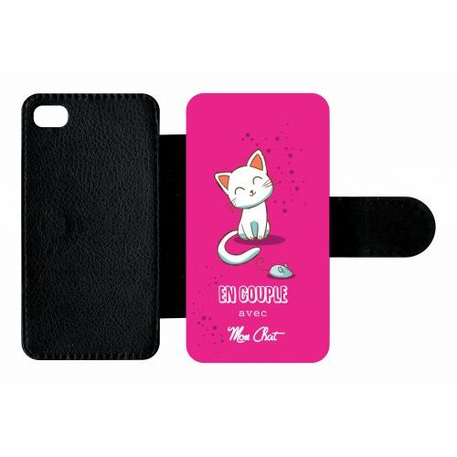 Etui A Rabat - En Couple Avec Mon Chat Fond Rose - Compatible Avec Apple Iphone 4s - Plastique - Bord Noir