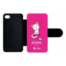 Etui A Rabat - En Couple Avec Mon Chat Fond Rose - Compatible Avec Apple Iphone 4s - Plastique - Bord Noir