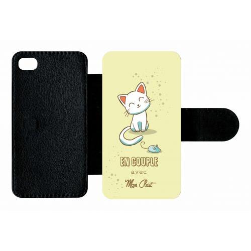 Etui A Rabat - En Couple Avec Mon Chat Fond Jaune - Compatible Avec Apple Iphone 4s - Plastique - Bord Noir