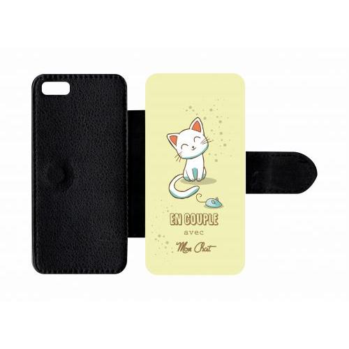 Etui A Rabat - En Couple Avec Mon Chat Fond Jaune - Compatible Avec Apple Iphone 5c - Plastique - Bord Noir