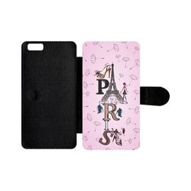 Etui A Rabat - Paris Fond Rose Pale - Compatible Avec Apple Iphone 6 Plus - Plastique - Bord Noir