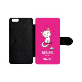 Etui A Rabat - En Couple Avec Mon Chat Fond Rose - Compatible Avec Apple Iphone 6 Plus - Plastique - Bord Noir
