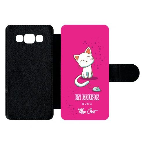 Etui À Rabat Galaxy A5 (2015) - En Couple Avec Mon Chat Fond Rose - Simili-Cuir - Noir