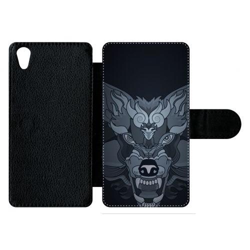 Etui À Rabat Xperia Z5 - Loup Fond Gris - Simili-Cuir - Noir